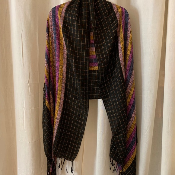 Priya Woven Fringe Shawl | Boho Striped Scarf Wrap | Black Mustard Plum Artisan - Picture 2 of 5